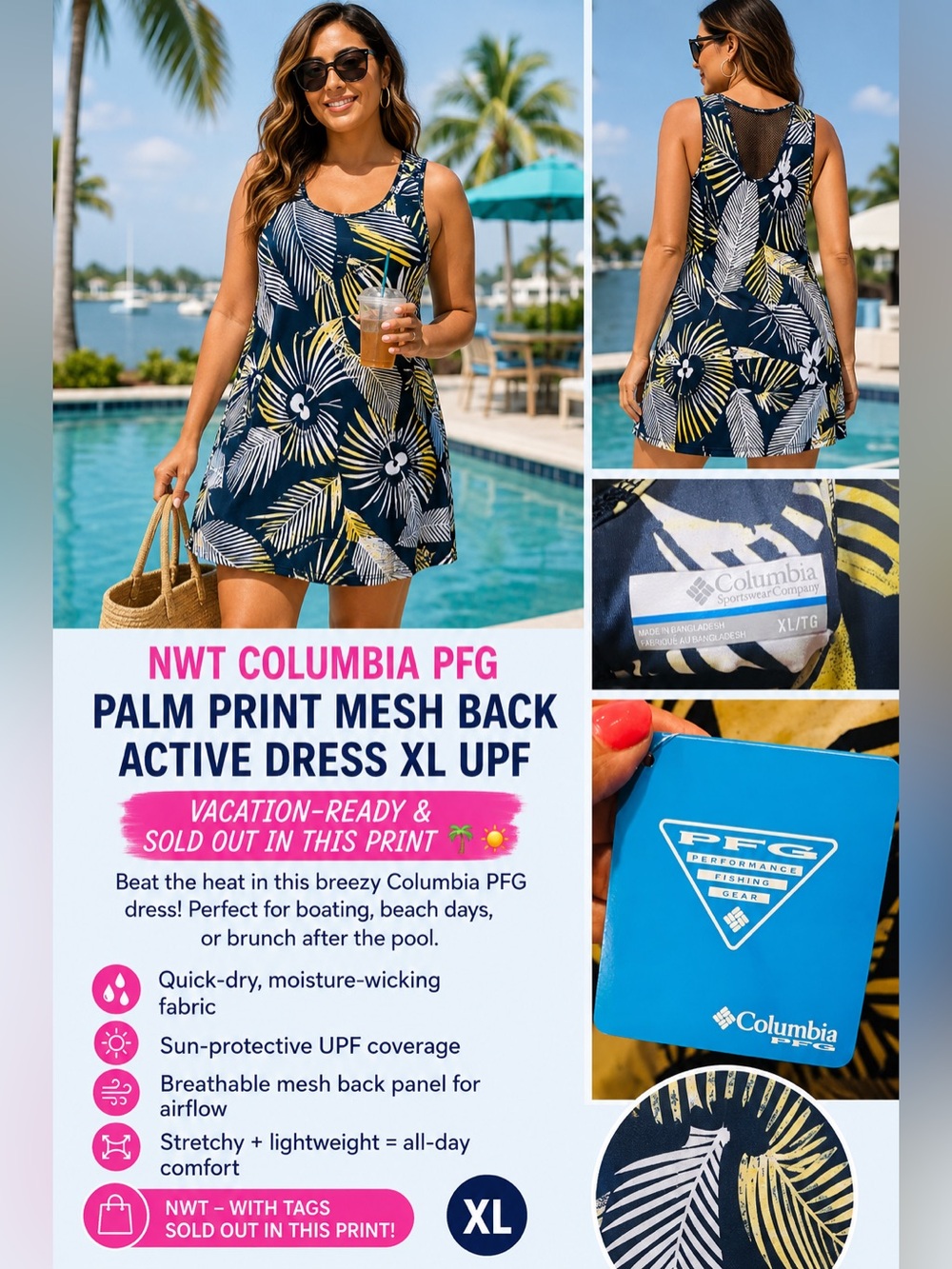 Columbia Navy Palm-Print Mesh-Back Mini Dress